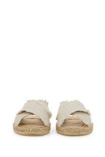 Castañer women’s beige frayed denim espadrille sandals with woven jute sole palmera white style