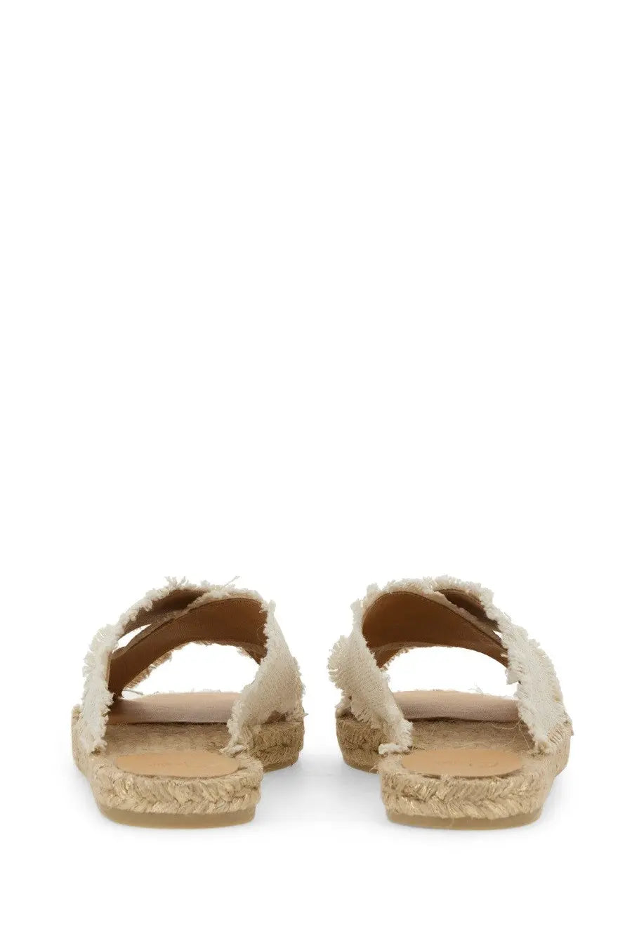 Beige frayed espadrille sandals with woven jute sole and soft leather insole by castañer women’s sandal palmera white