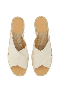 Castañer women’s sandal palmera white espadrille with white frayed fabric upper and woven jute sole with tan insole