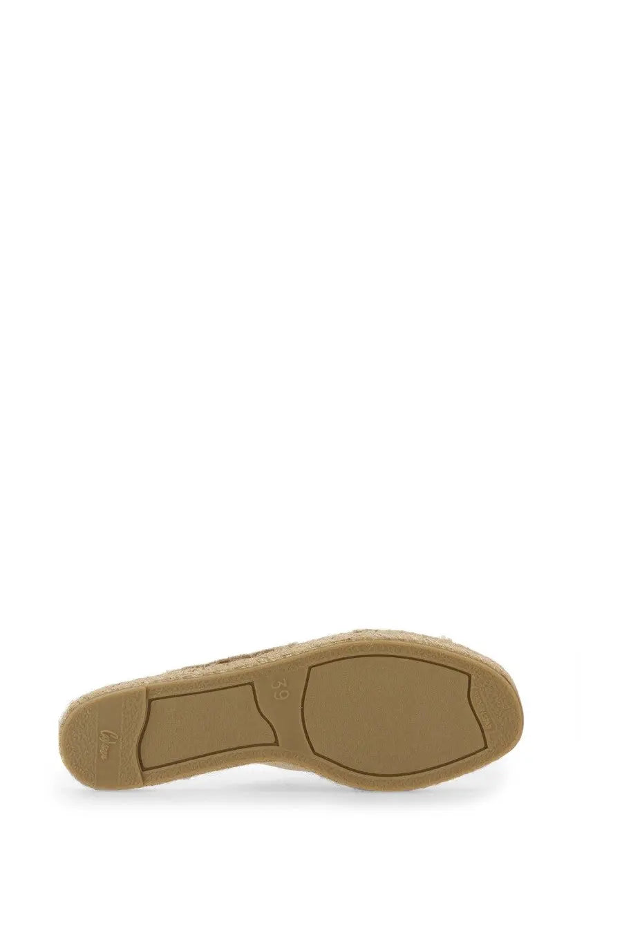 Tan espadrille sole with woven jute texture and molded rubber heel grip of castañer women’s sandal palmera white back side
