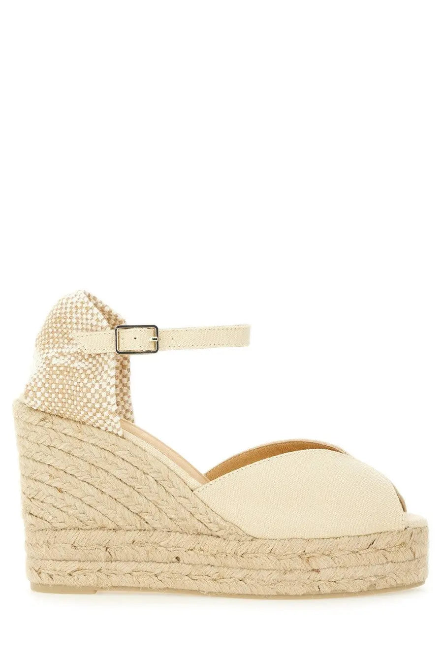 Beige castañer women’s espadrille wedge sandal with woven jute sole and white canvas upper