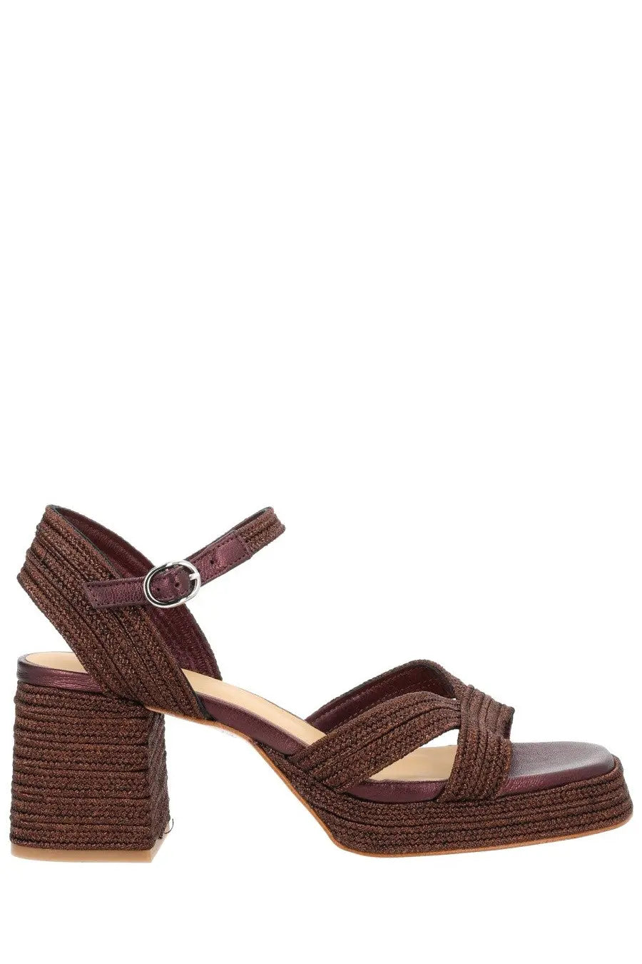 Castañer women’s brown woven platform sandal with chunky heel and ankle strap for stylish summer wear