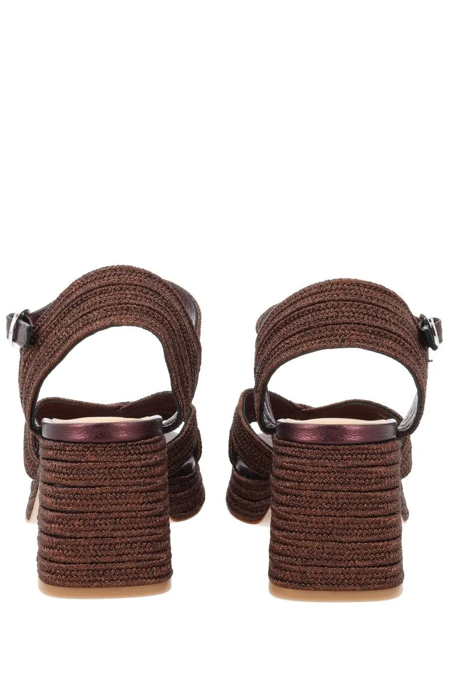 Castañer women’s brown woven straw sandals with chunky heel and black buckle straps