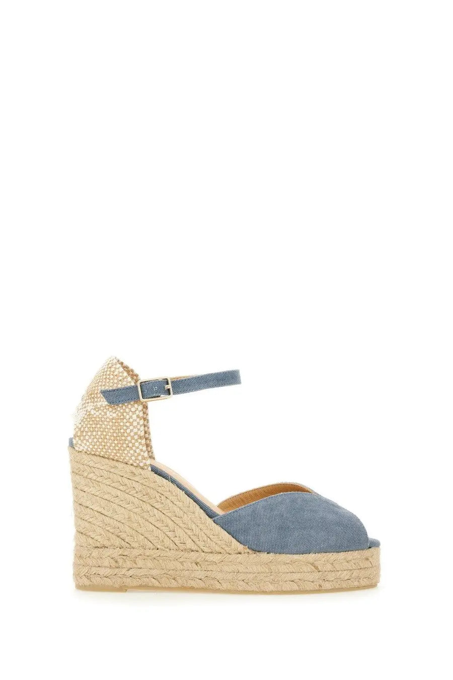 Castañer women’s white sandal blue denim wedge with woven espadrille sole and textured beige ankle strap