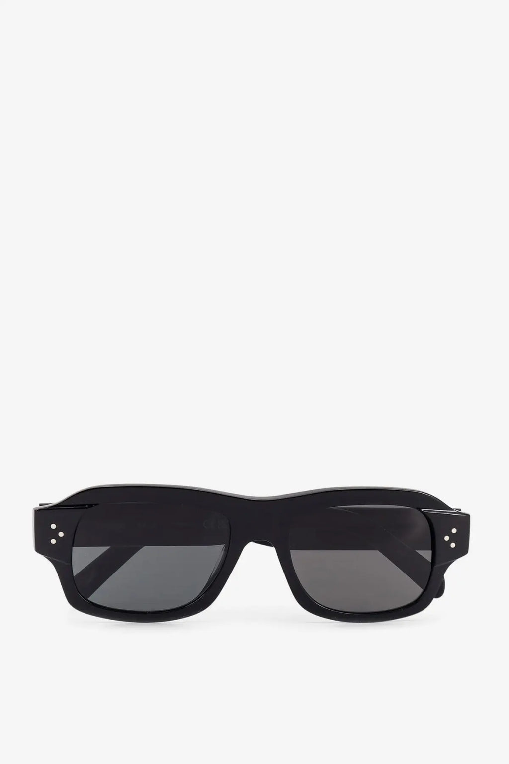 Celine men’s acetate sunglasses black with black rectangular frames dark gray lenses and silver rivets on temples