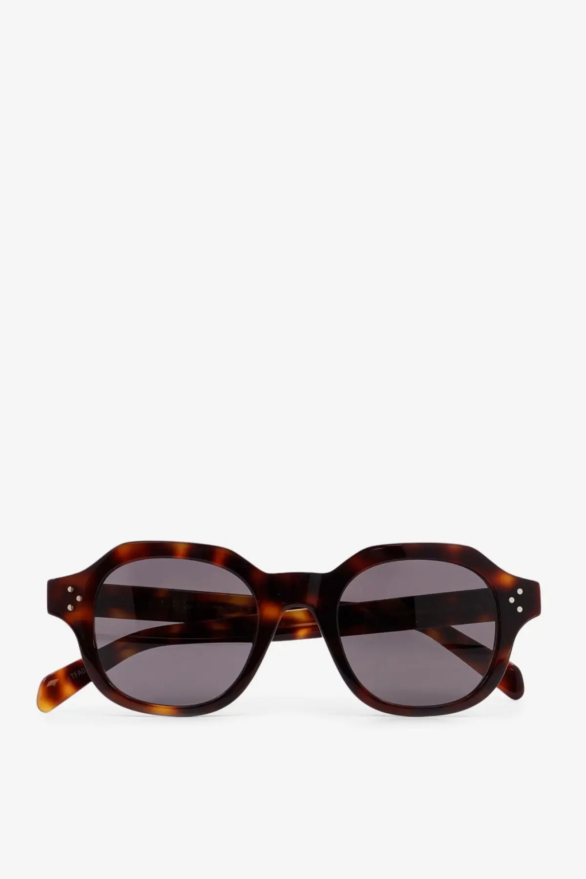 Celine men’s tortoiseshell acetate sunglasses with dark gray lenses and silver rivets on the temples white frame