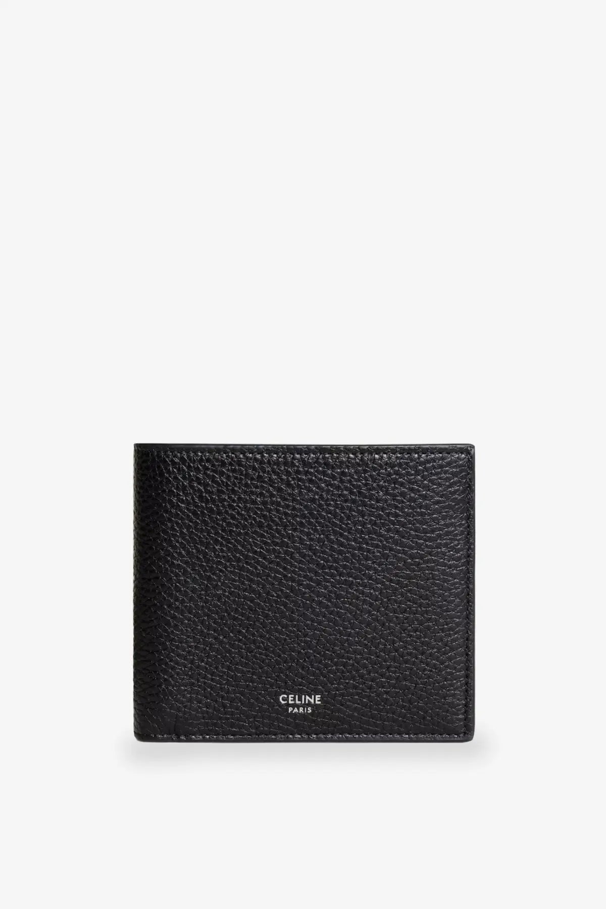 Black textured leather celine men’s bi fold wallet with silver embossed celine paris logo at the bottom