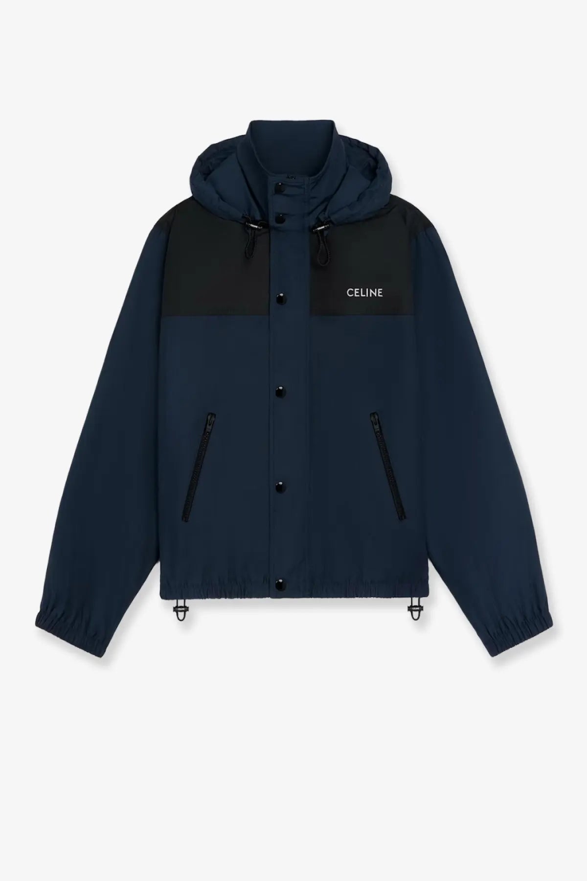 Celine men’s bicolor nylon jacket in navy blue and black with a contrasting chest panel and hooded design