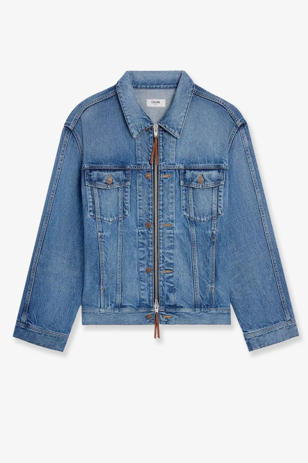 Celine men’s blue medium-wash denim jacket with classic collar zipper closure and chest pockets with brown leather buttons