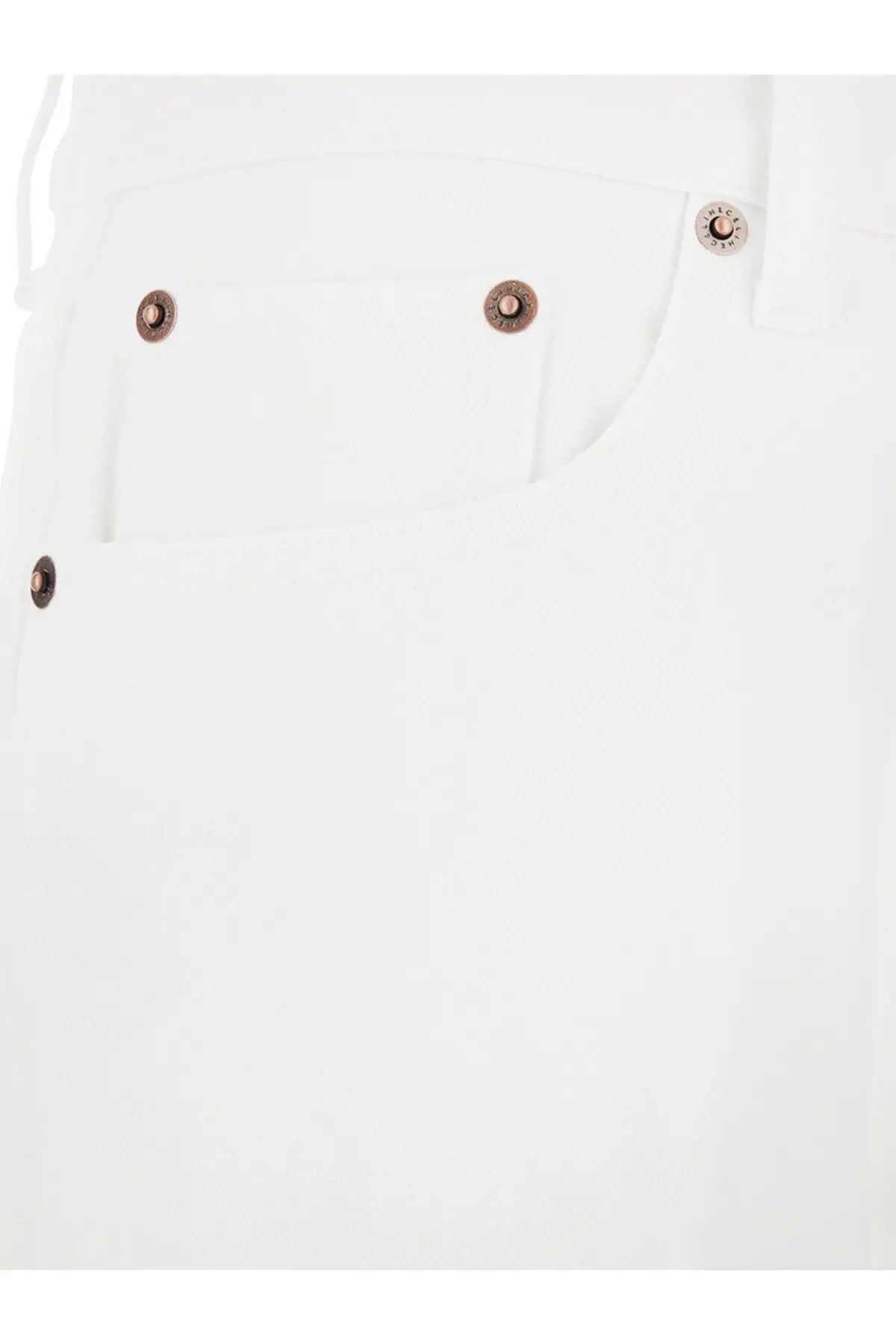 Celine men’s boyfriend cotton trousers in white denim with copper toned buttons front view