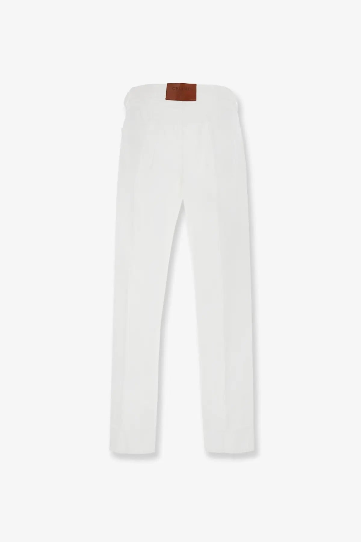 Celine men’s boyfriend white cotton trousers with straight legs and brown leather patch at the waistband back view