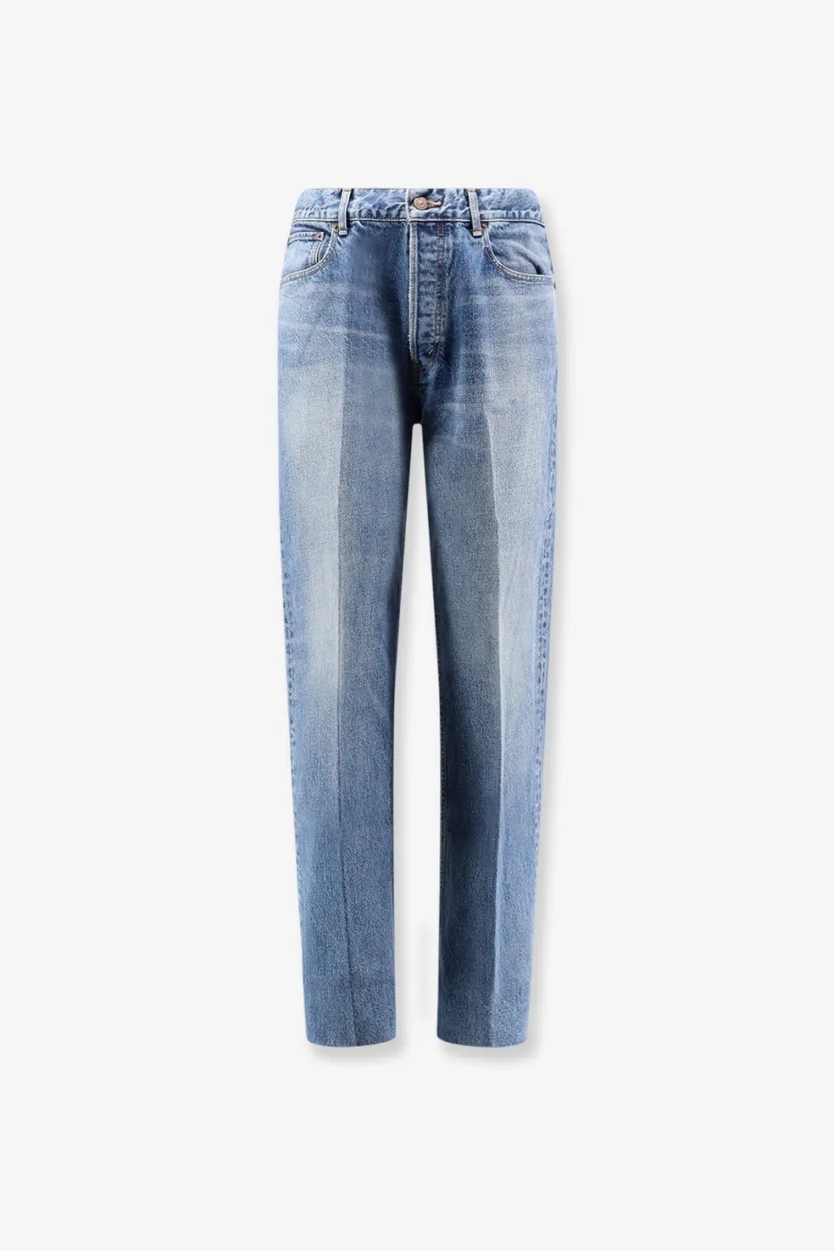 High-waisted straight-leg celine men’s boyfriend denim jeans in faded medium blue wash with whiskering and five pockets
