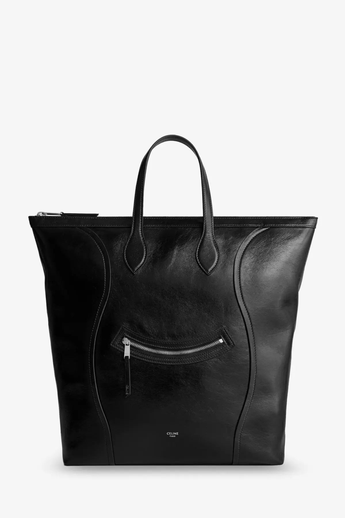 Black leather Celine men’s Cabas tote bag with sleek structured design and top handles for crossbody use