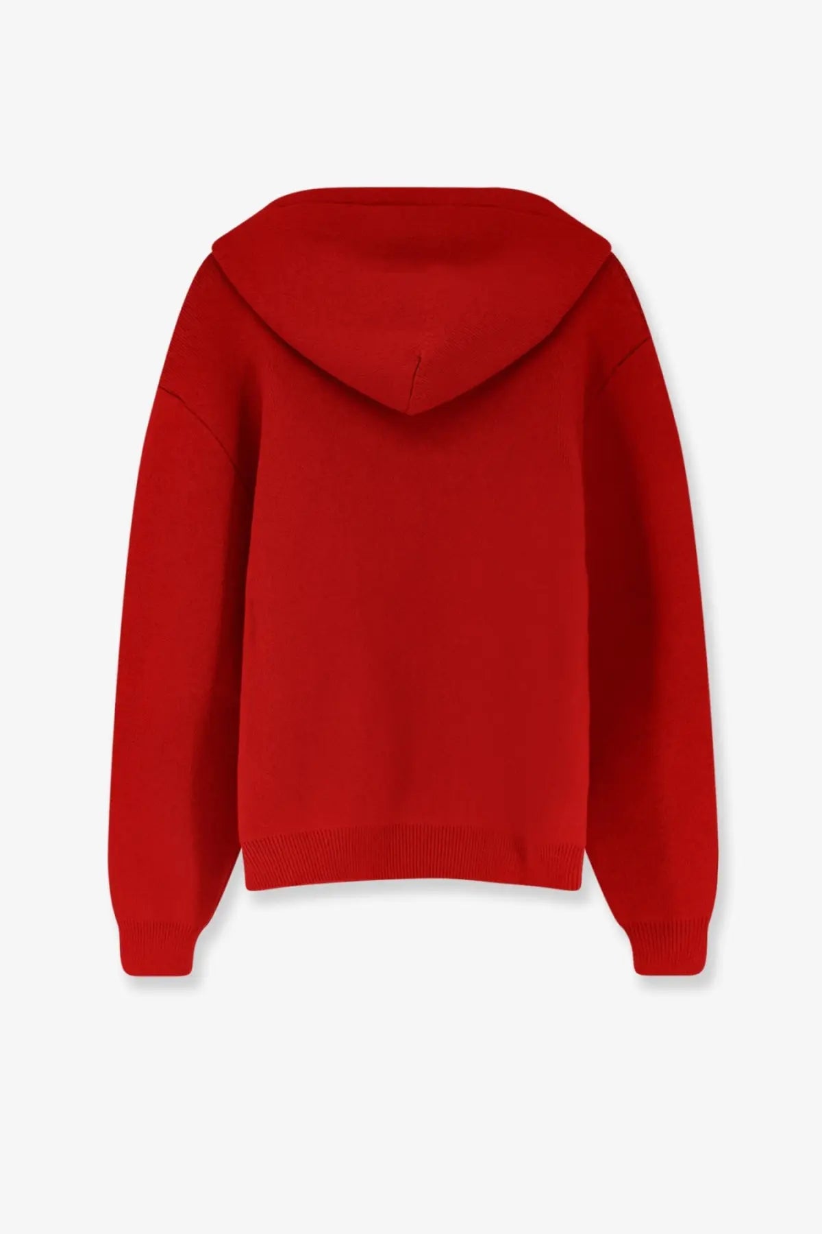 A vibrant red long-sleeved hooded sweatshirt with ribbed cuffs and hem in cashmere and wool blend