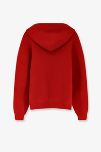 A vibrant red long-sleeved hooded sweatshirt with ribbed cuffs and hem in cashmere and wool blend