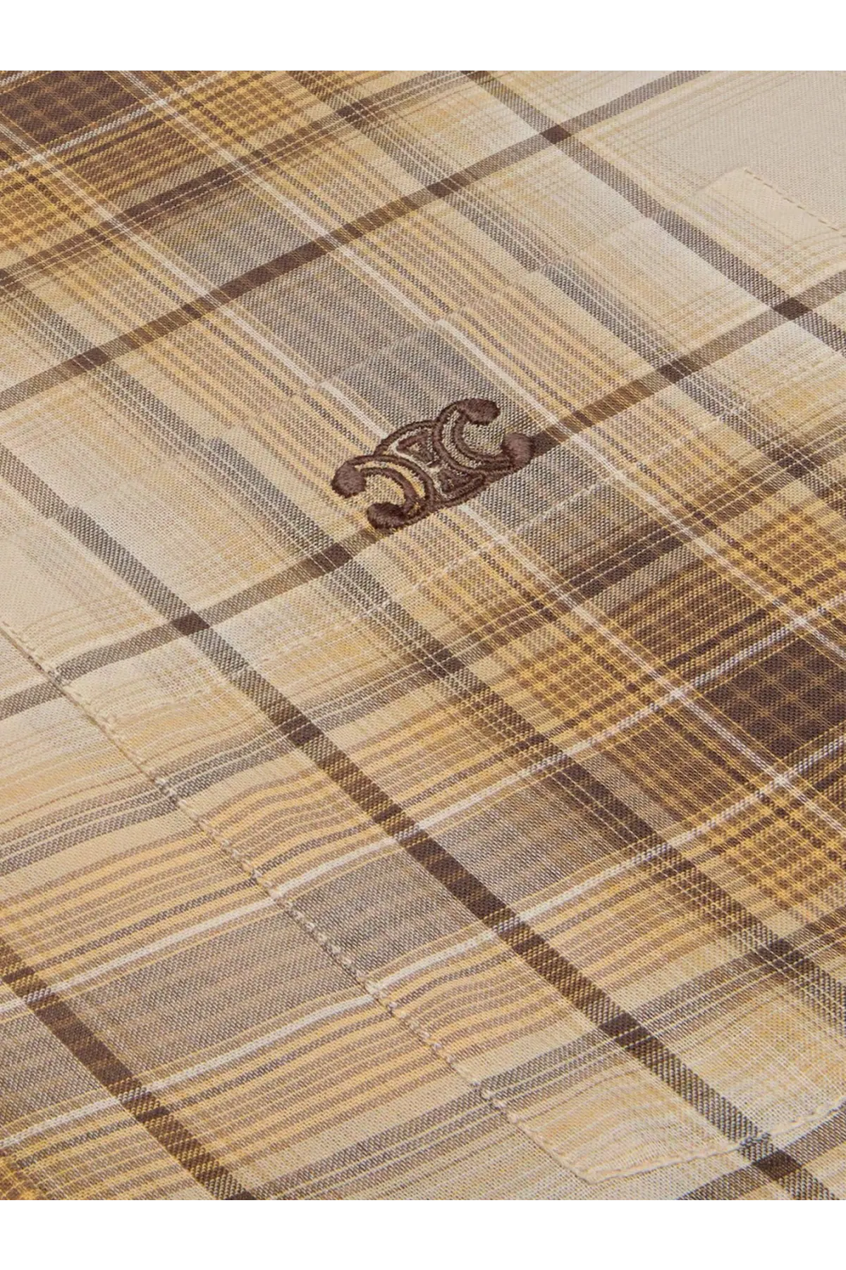 Beige and brown plaid cotton celine men’s checked shirt with small embroidered logo on fabric