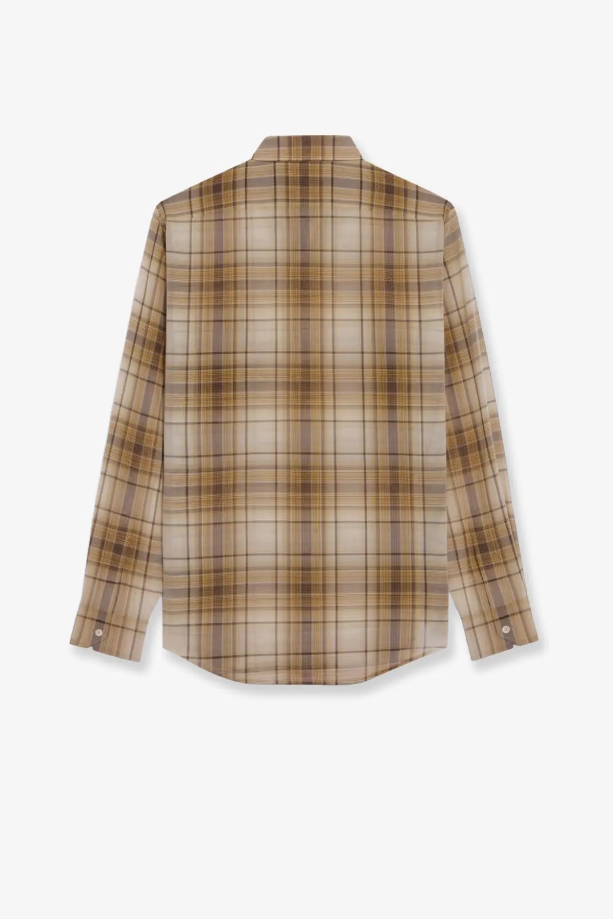Celine men’s checked cotton shirt beige featuring a beige and brown plaid long-sleeved button-up design