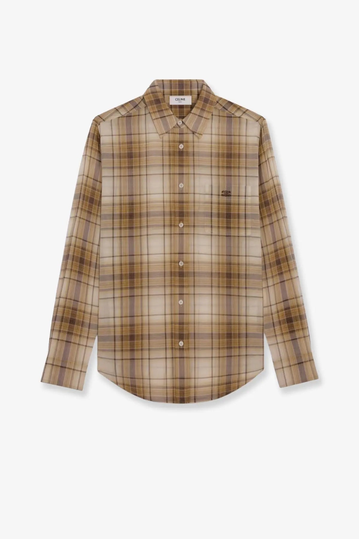 Beige and brown plaid long-sleeved cotton button-down shirt with subtle celine logo on the chest for men