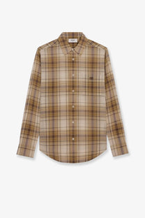 Beige and brown plaid long-sleeved cotton button-down shirt with subtle celine logo on the chest for men