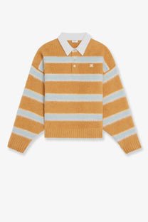 Celine men’s cotton blend polo shirt in mustard yellow and light blue horizontal stripes with a white collar