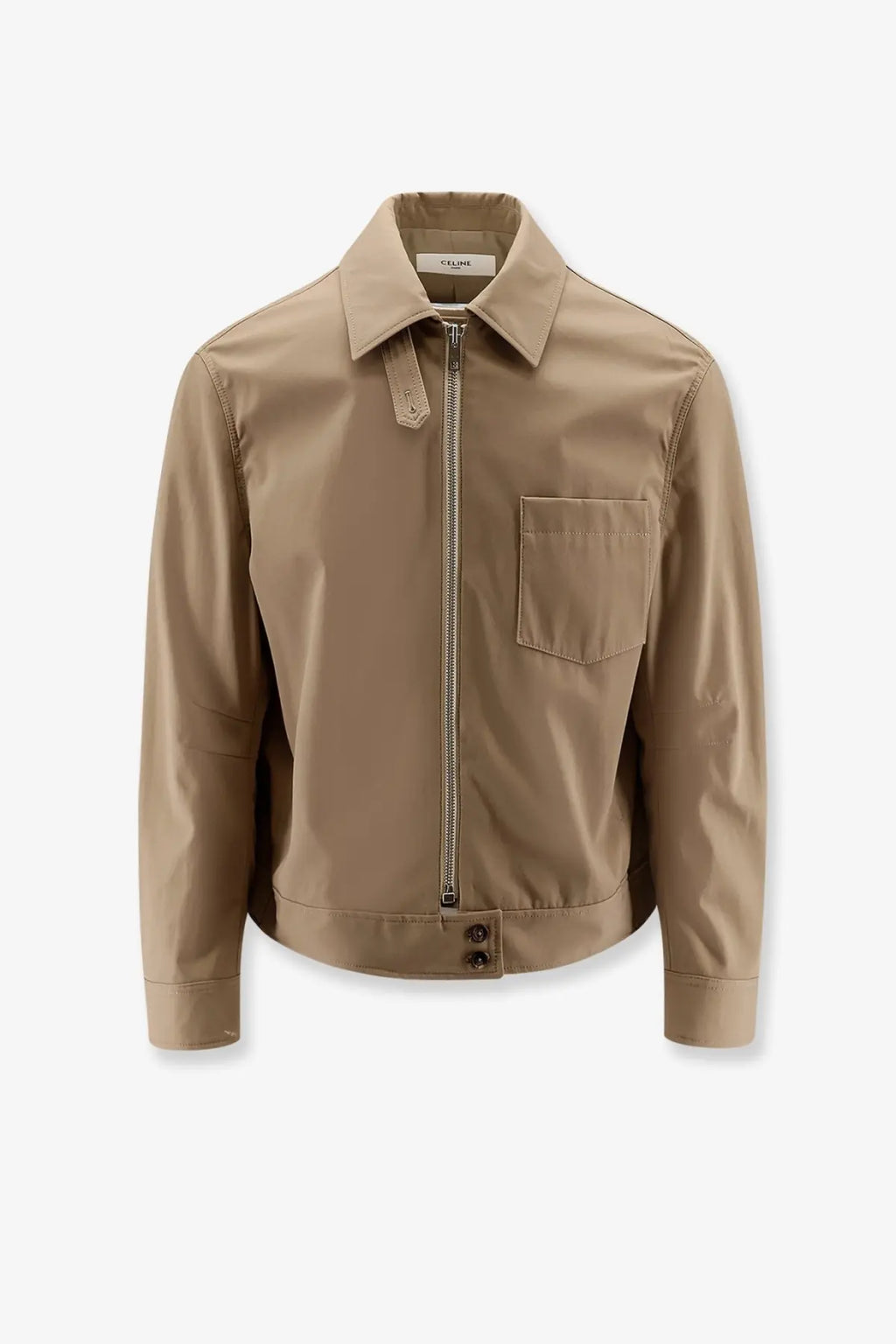 Beige celine men’s cotton jacket with structured collar front zipper and single chest pocket