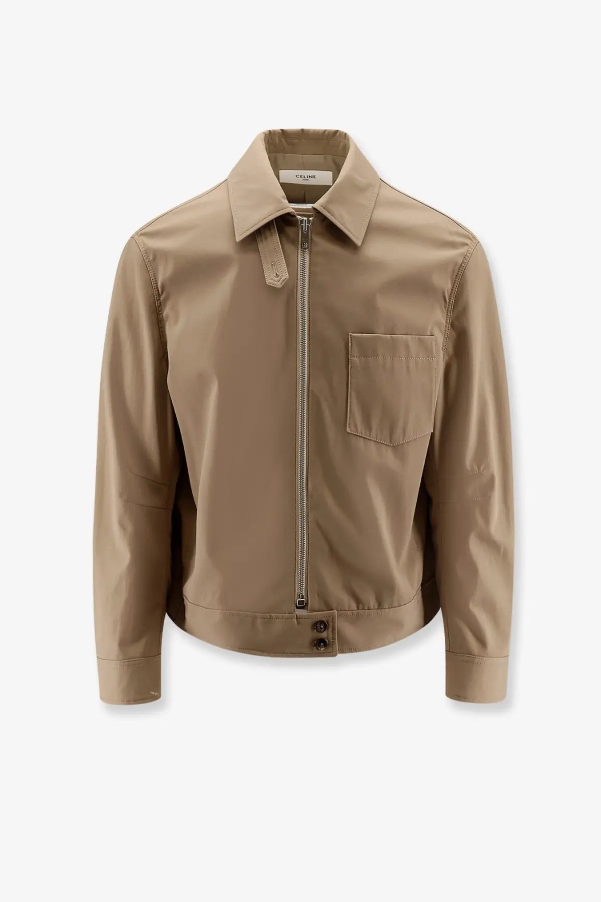 Beige celine men’s cotton jacket with structured collar, front zipper closure, and single chest pocket