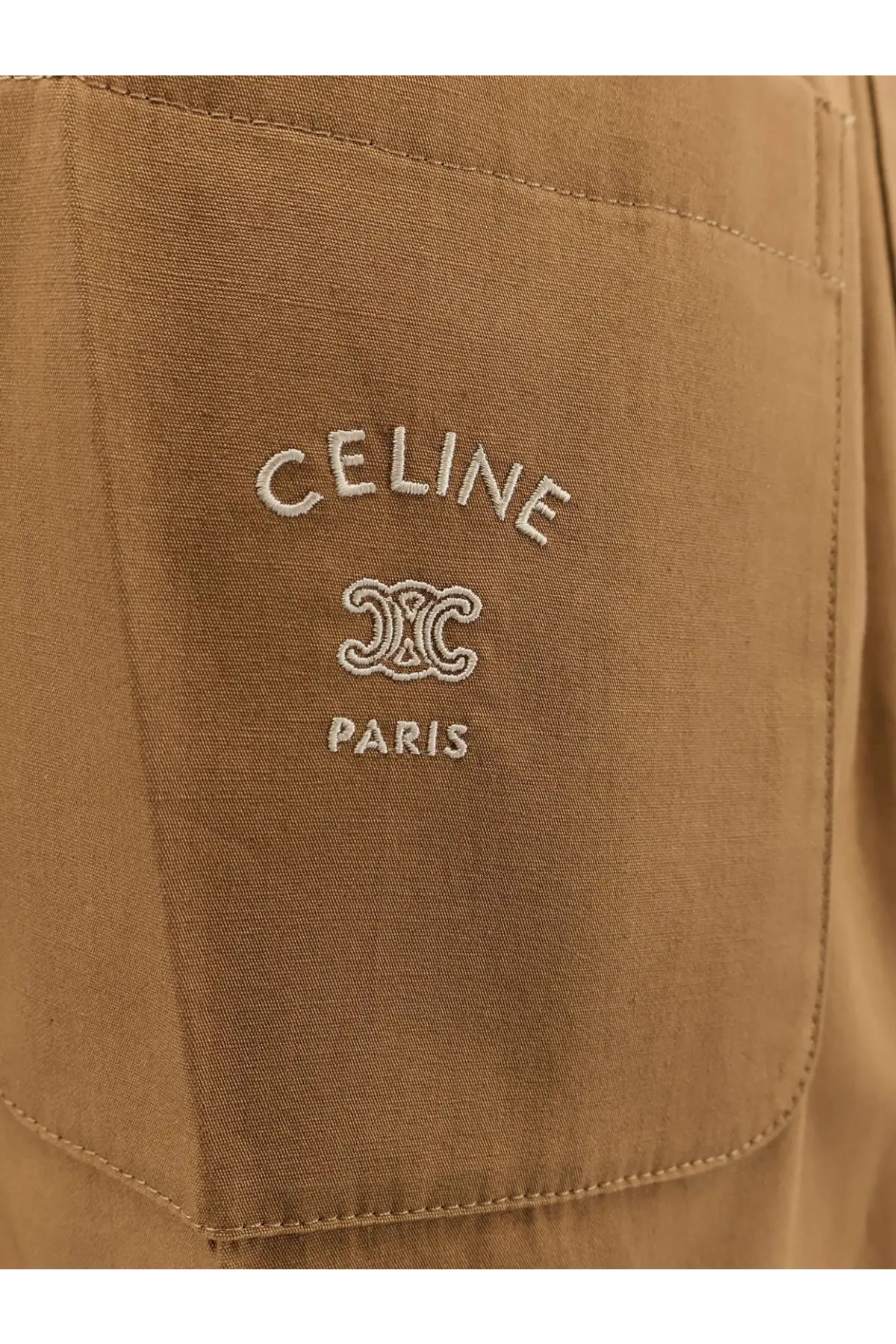 Tan celine paris cotton and linen trousers pocket with cream embroidered logo and monogram brown mens pants