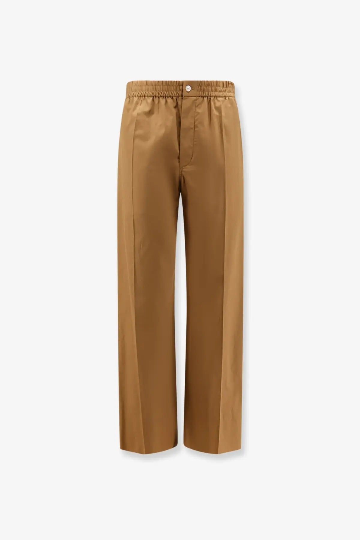 Celine men’s brown cotton and linen trousers with tan wide-leg fit elastic waistband and single button closure