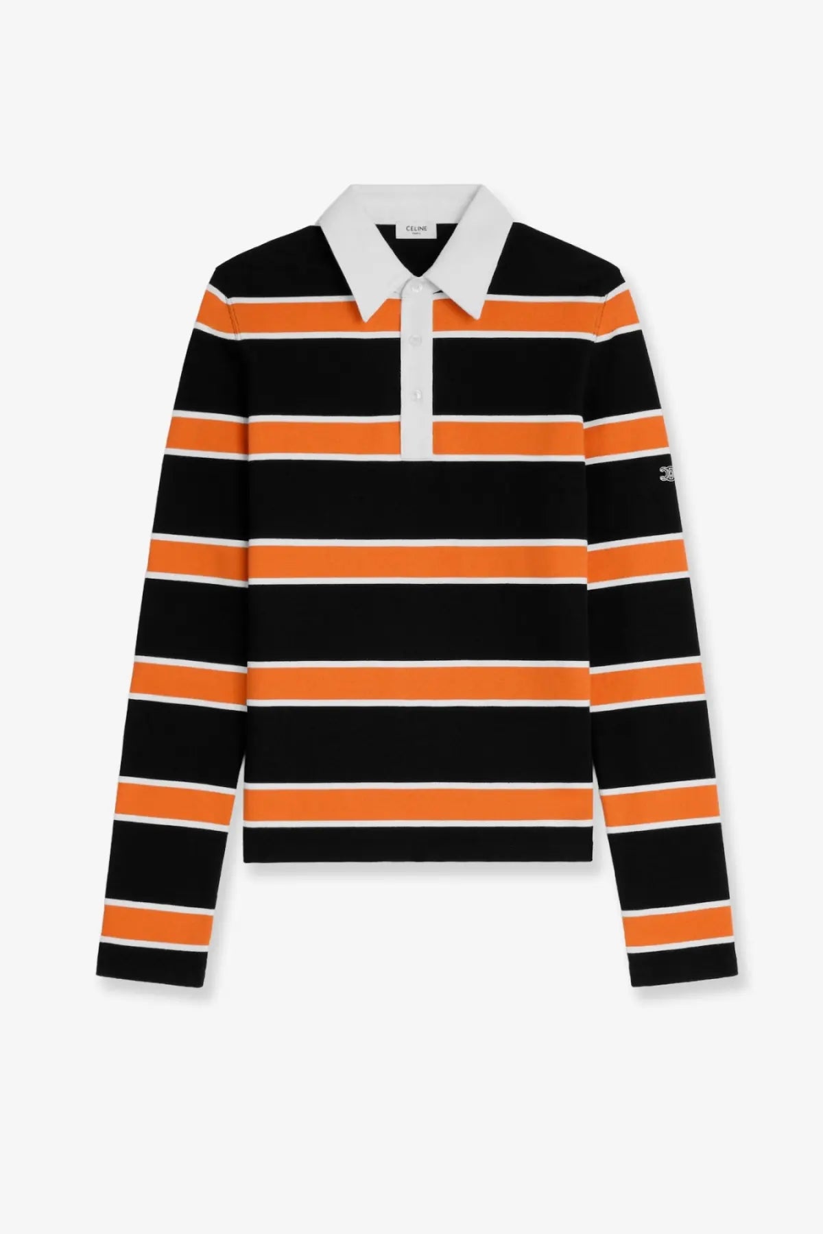 Celine men’s black and orange striped cotton rugby shirt with long sleeves white collar and logo on the chest