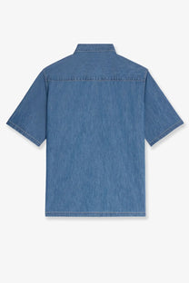 Celine men’s blue cotton shirt with short sleeves classic collar and neatly stitched seams