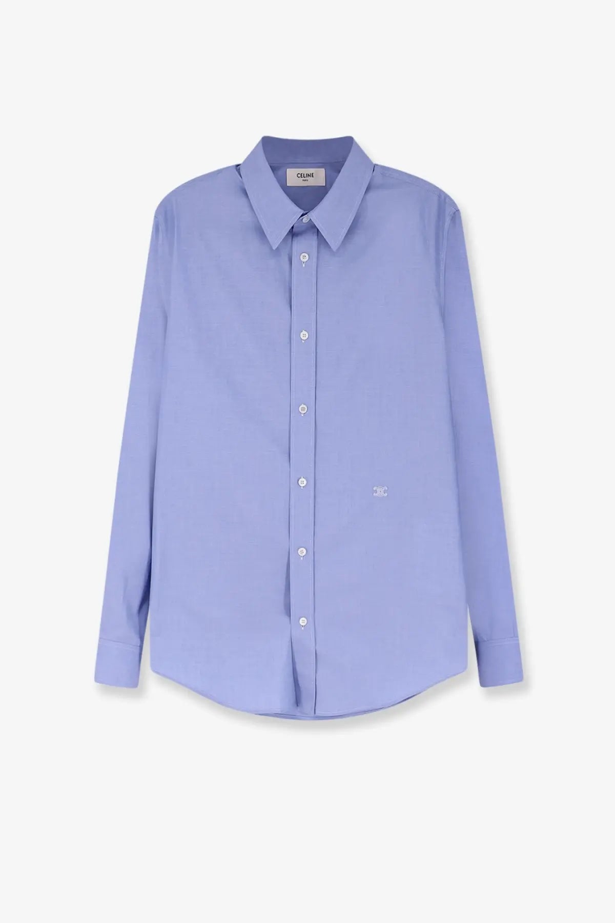 A lavender celine men’s cotton button-down shirt with a classic collar and subtle embroidered logo on the chest