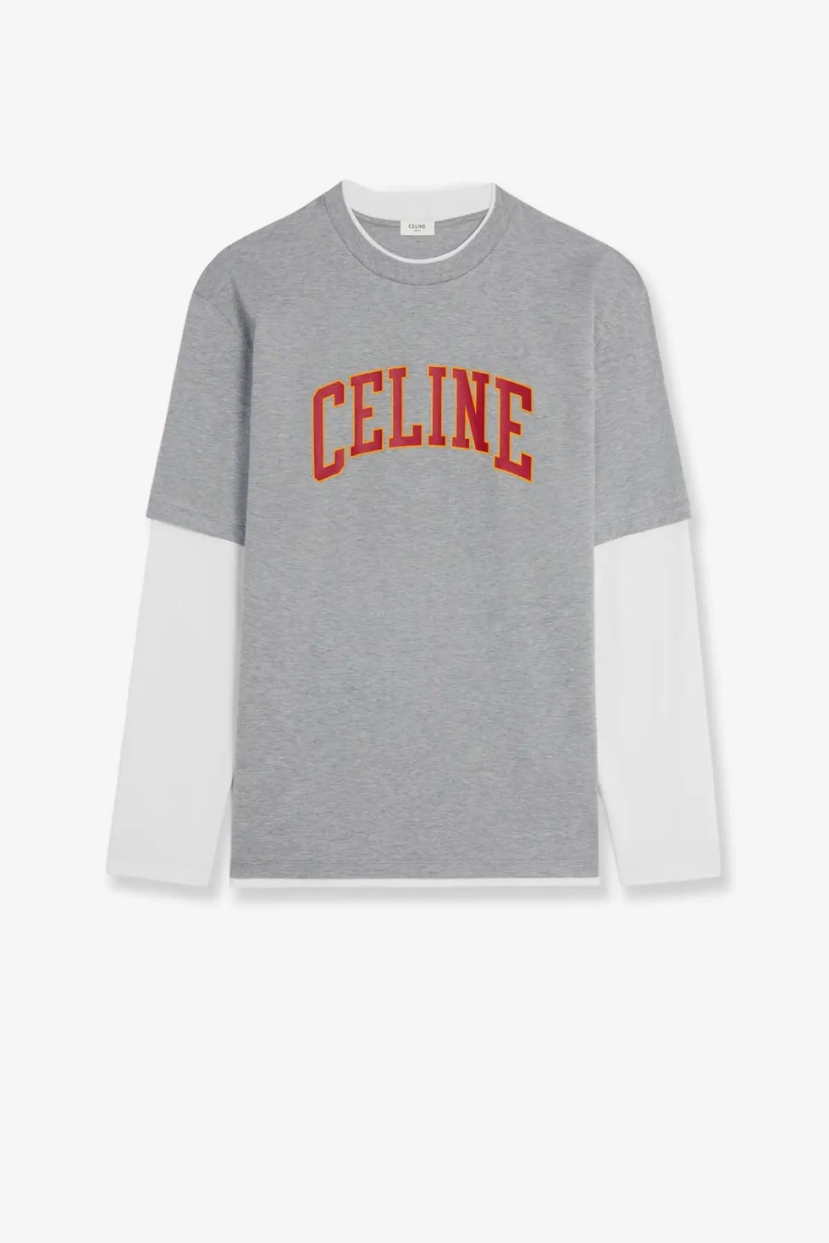 Celine men’s gray and white cotton long-sleeve tee with red celine lettering across the chest