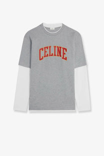 Celine men’s gray and white cotton long-sleeve tee with red celine lettering across the chest