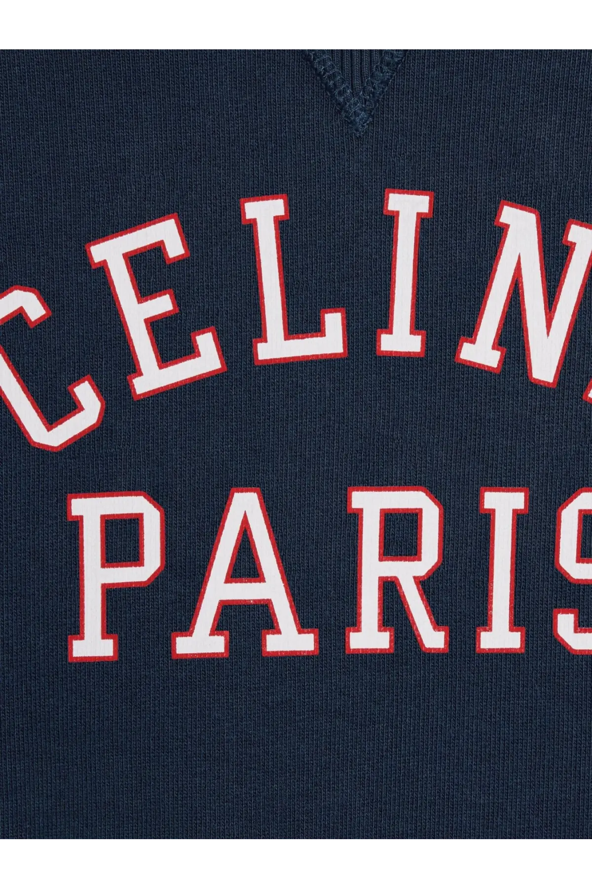 Navy blue celine men’s cotton sweatshirt with bold white and red celine paris lettering across the chest