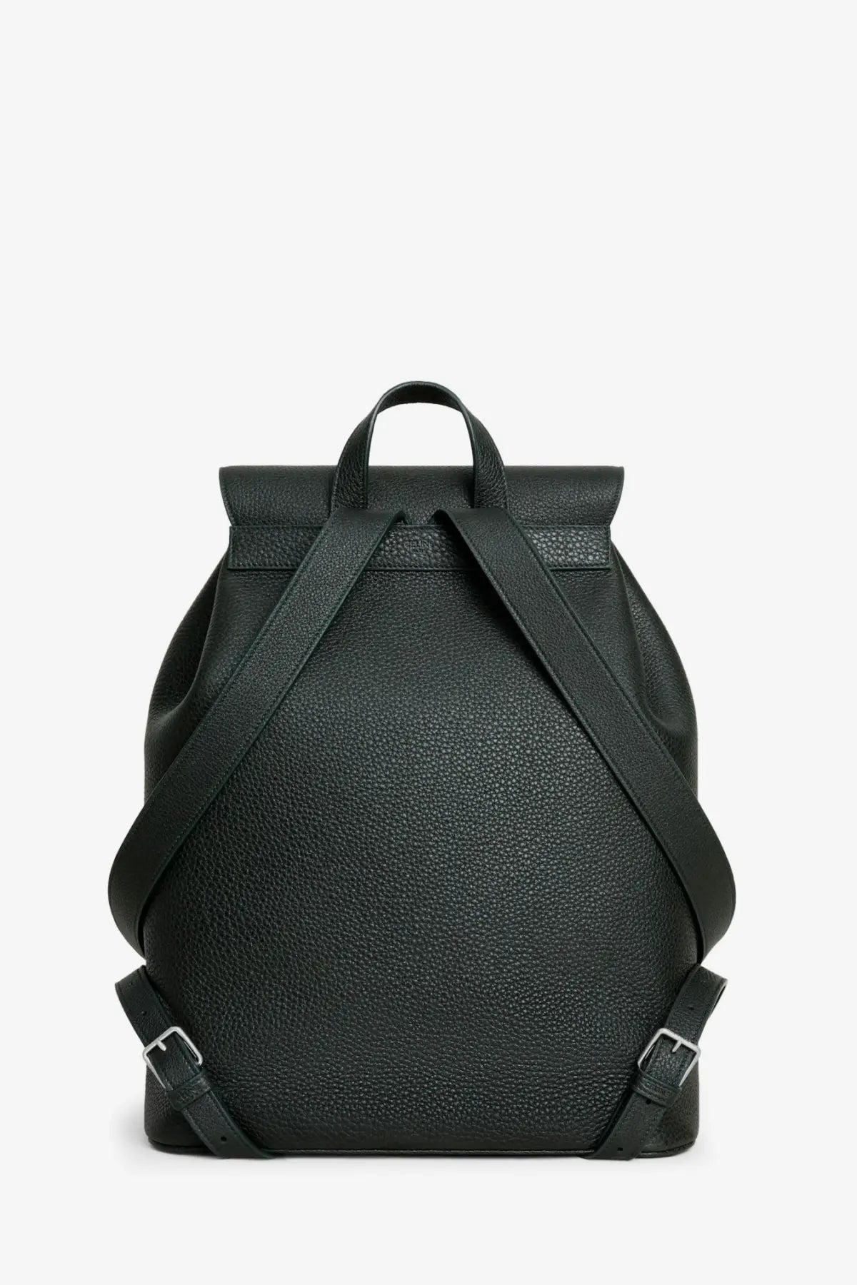 Celine men’s folco black pebbled leather backpack with adjustable straps and silver-toned buckles shown from back side