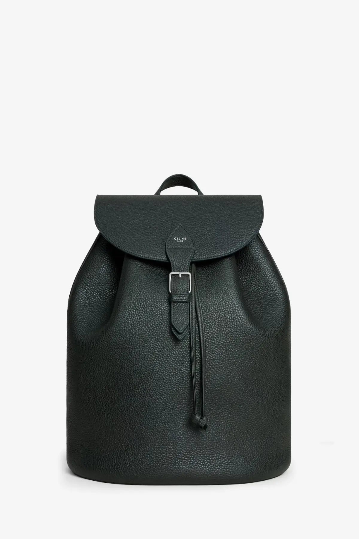 Celine men’s Folco black leather backpack with textured material flap closure and silver-toned buckle front view