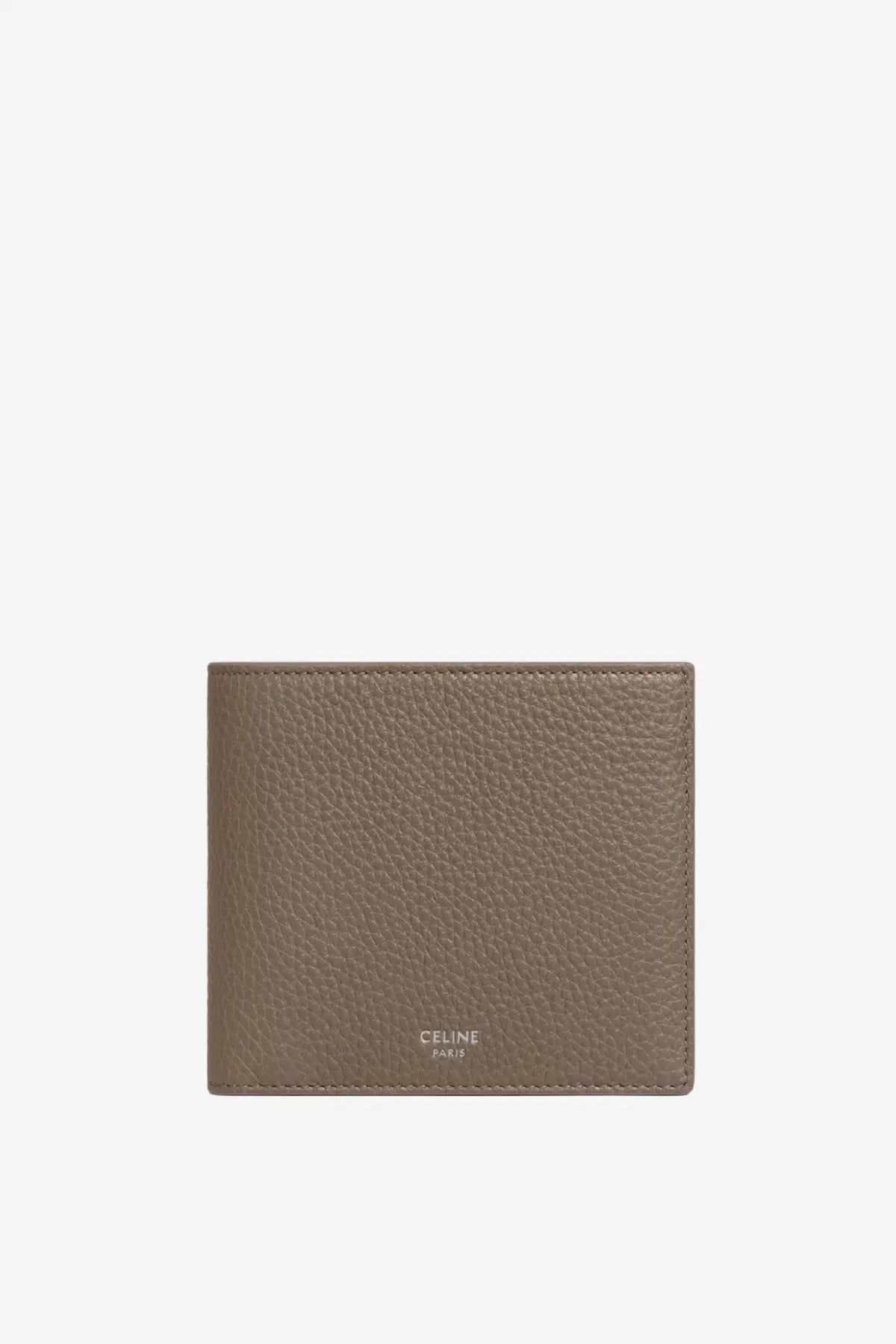 A taupe textured leather celine paris men’s hammered bi fold wallet shown from the back side