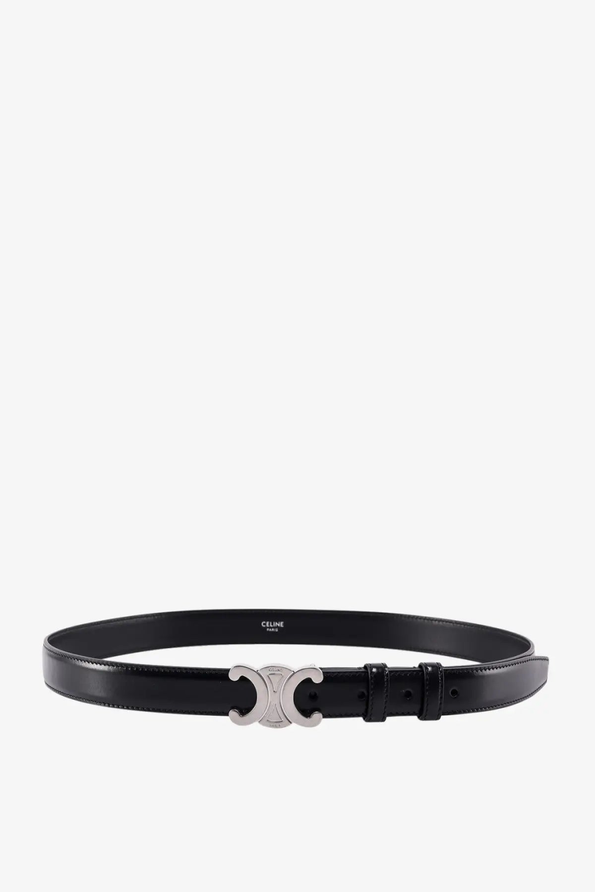 Celine men’s black leather belt with silver tone logo buckle for stylish and durable wear