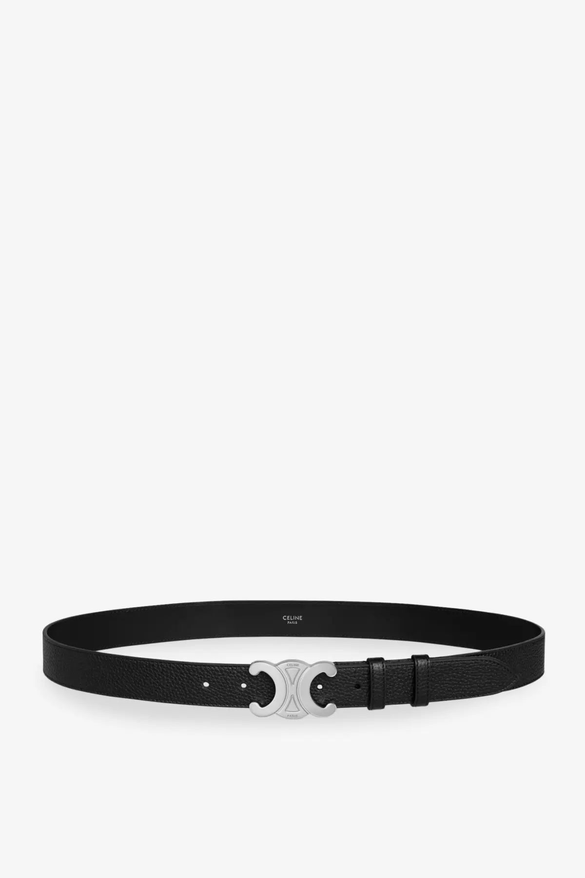 Celine men’s black leather belt with silver-tone c-shaped buckle featuring the Celine logo