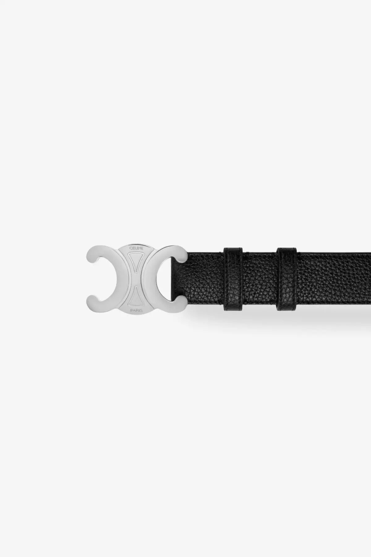 Celine men’s black leather belt with textured finish and silver-toned buckle featuring interlocking c design