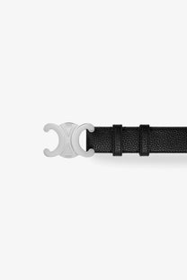 Celine men’s black leather belt with textured finish and silver-toned buckle featuring interlocking c design