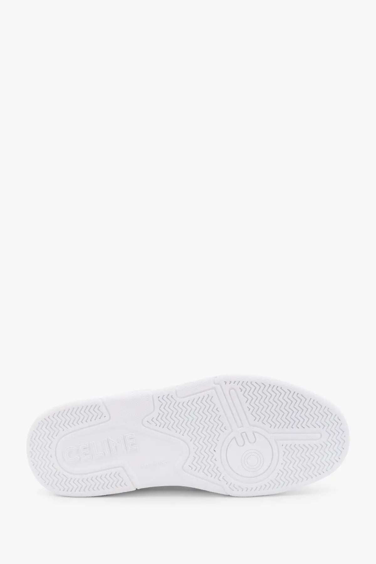 White rubber sole with textured herringbone pattern and embossed logo on celine men’s leather sneakers white