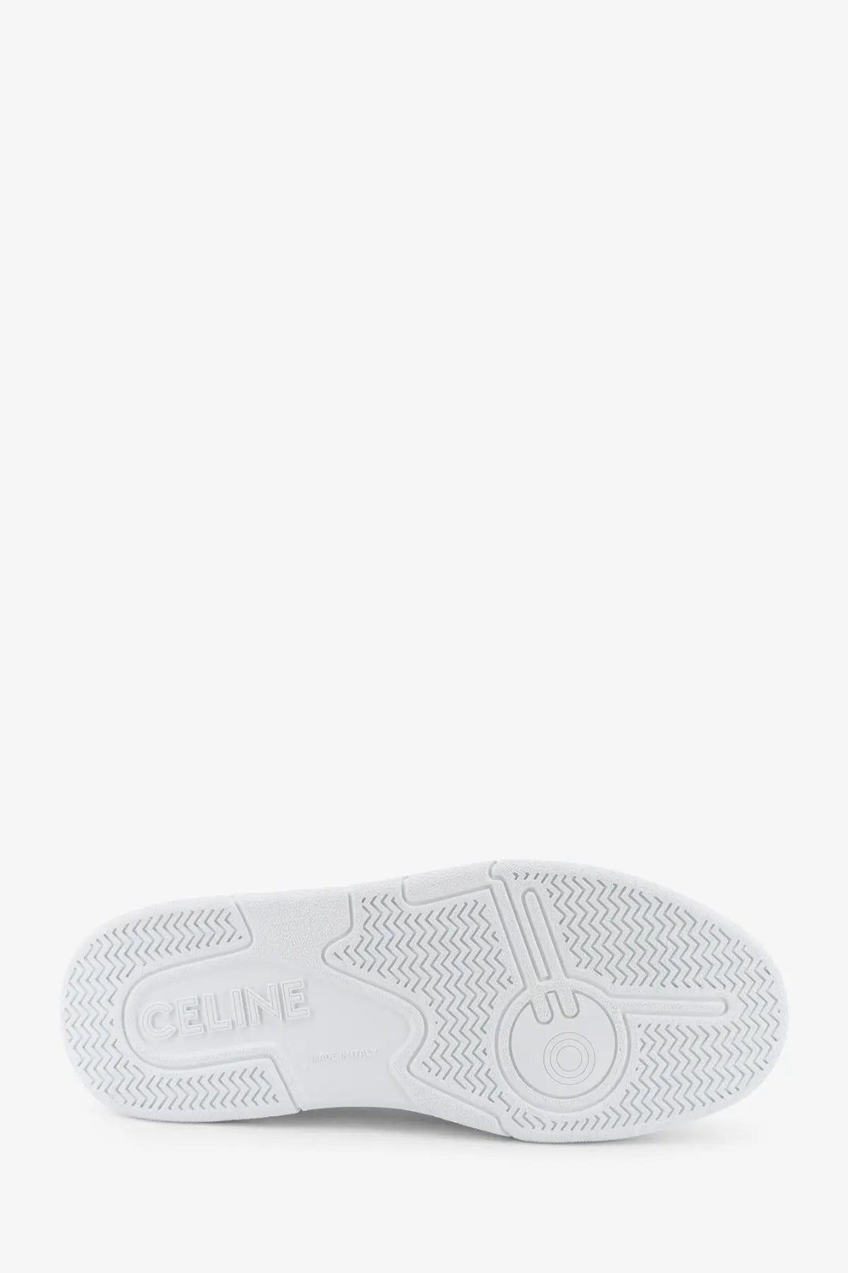 White celine men’s leather sneaker sole with textured herringbone pattern and embossed brand logo visible