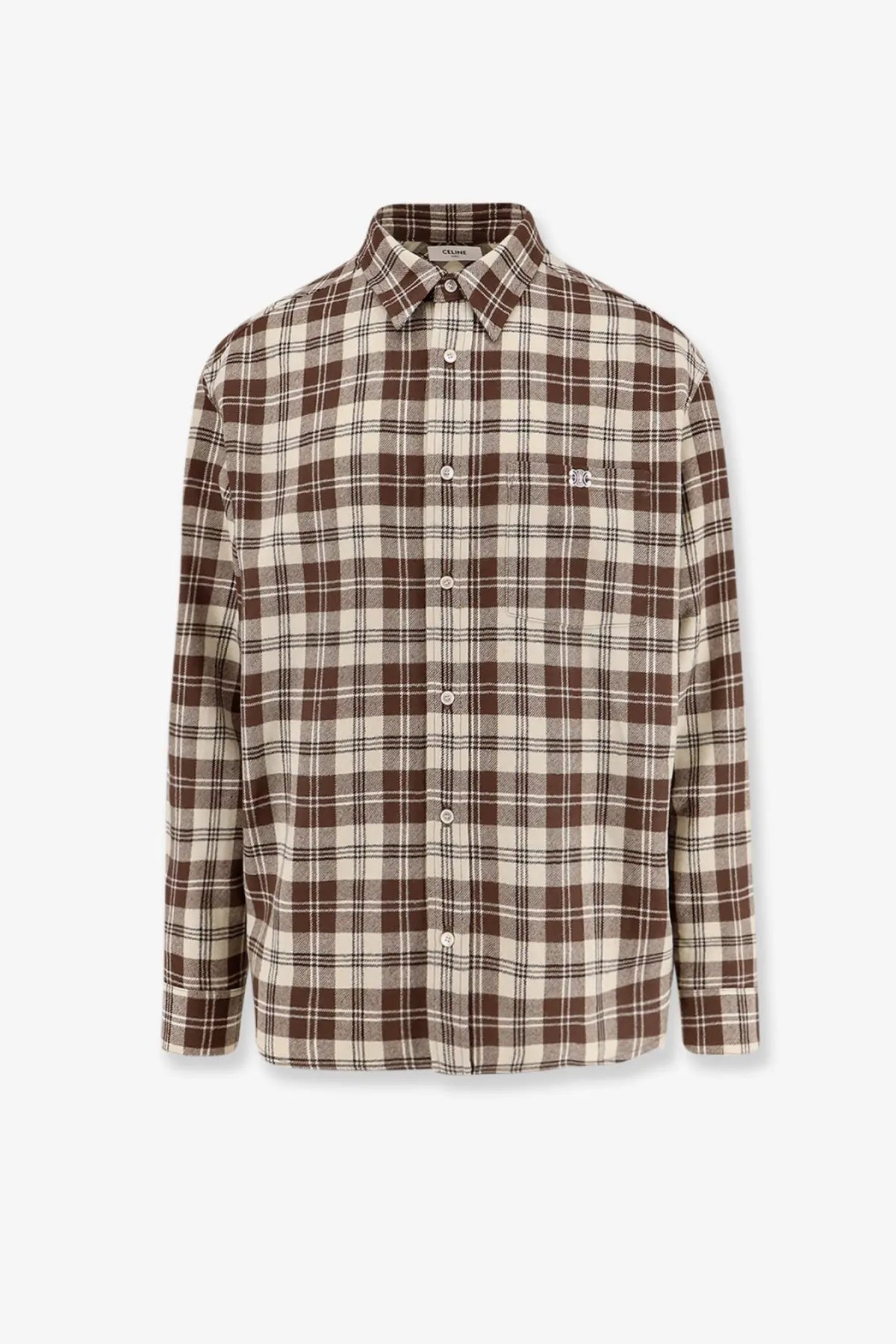 Celine men’s madras wool shirt beige brown and cream plaid long-sleeve button-up with subtle chest patch