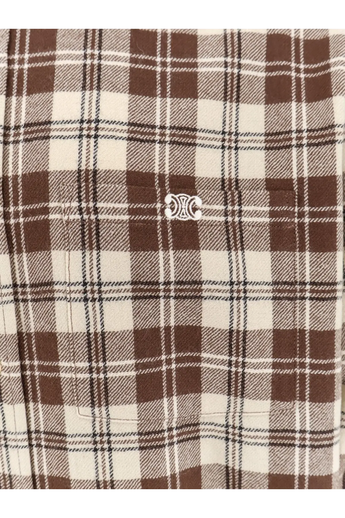 Celine men’s madras wool shirt beige brown and cream plaid with white embroidered logo on chest pocket