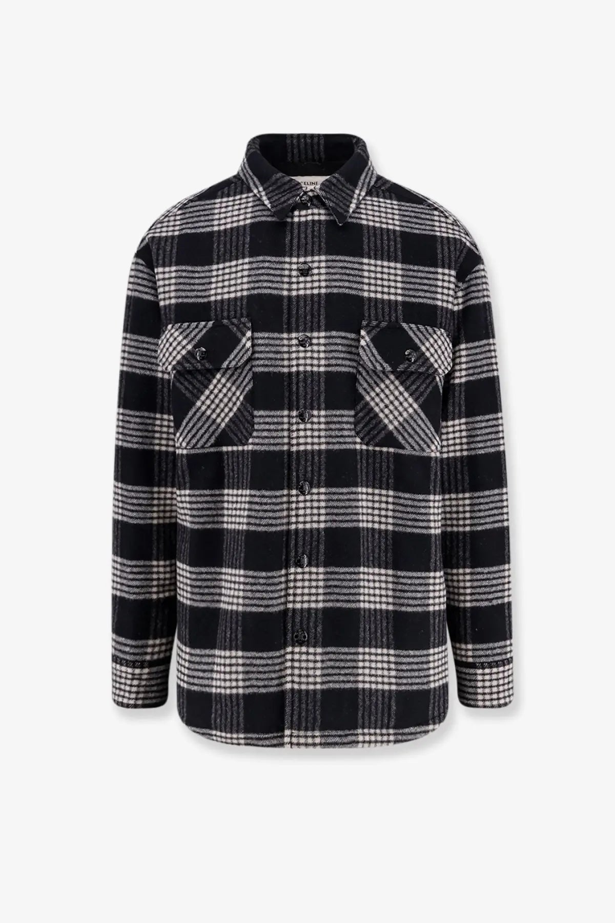 Celine men’s black wool quilted overshirt featuring a black and white plaid flannel design with buttoned chest pockets