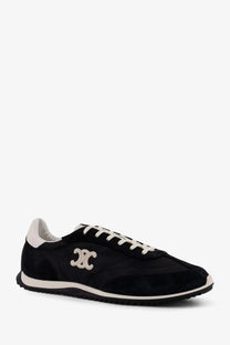 Celine men’s racer black suede sneakers with white laces sole heel tab and embroidered sparkling cc logo on side