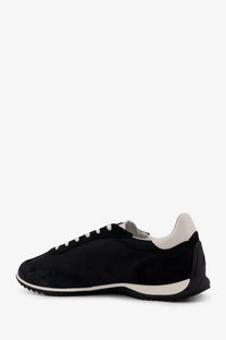 Celine men’s racer black suede sneakers with white laces cream heel and midsole stripe textured rubber outsole