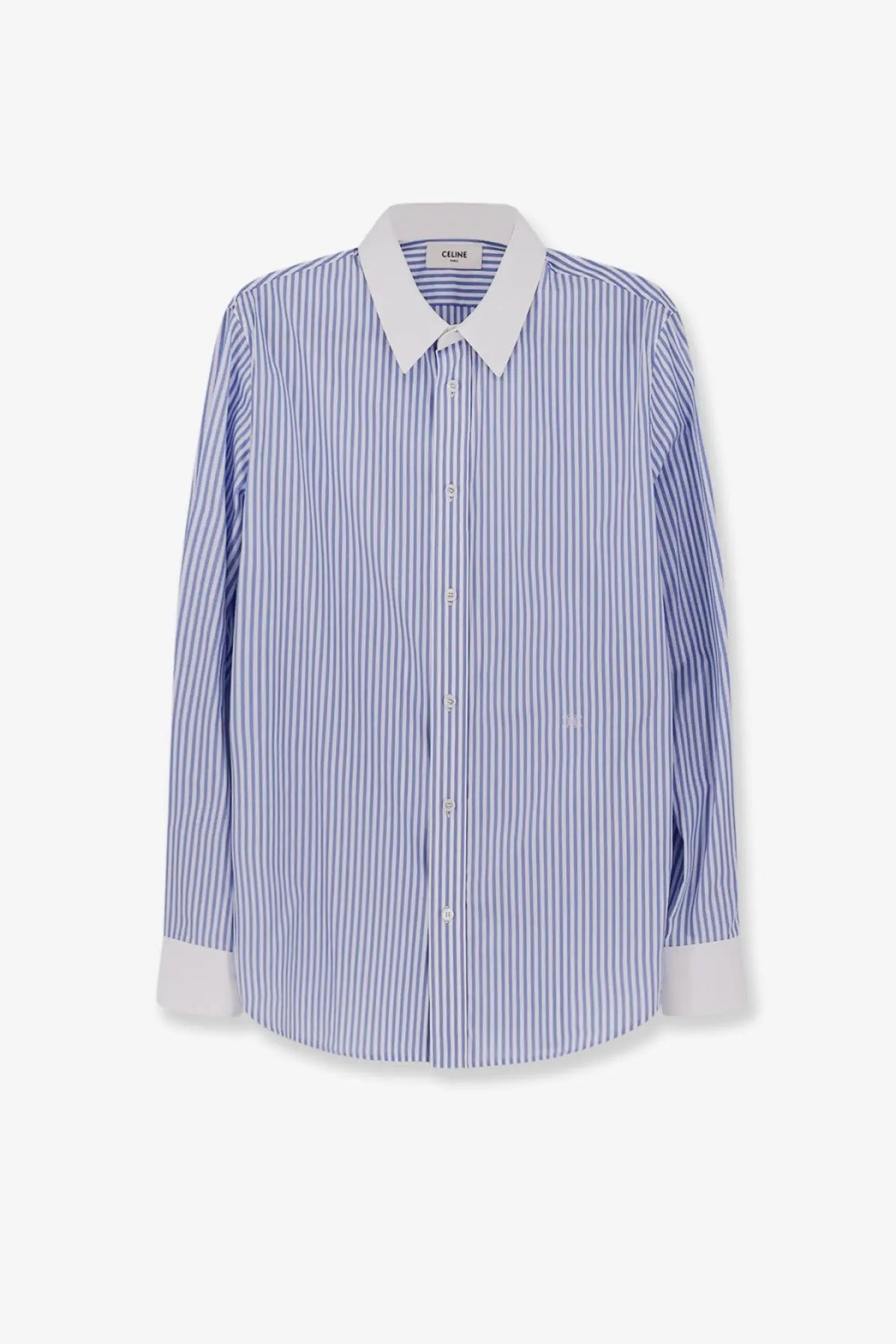 Celine men’s striped cotton shirt in blue and white with contrasting white collar and cuffs