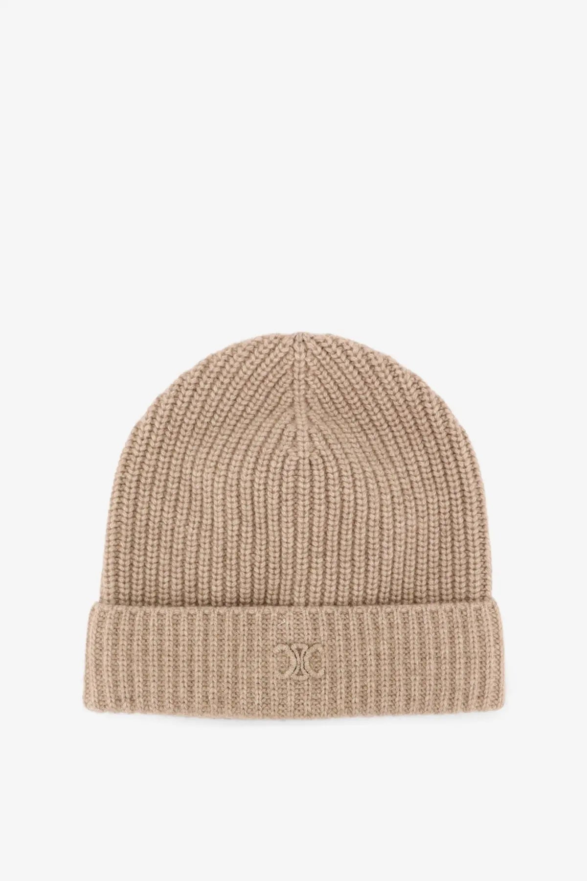 Beige ribbed knit beanie with folded cuff and subtle embroidered logo in cashmere from celine mens triomphe collection